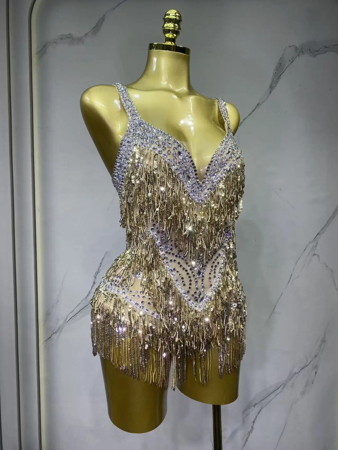 Sparkly Rhinestones Fringes Bodysuit Women Sexy See Through Party Outfit Performance Dance Costume Singer Dancer Show Stage Wear view 2