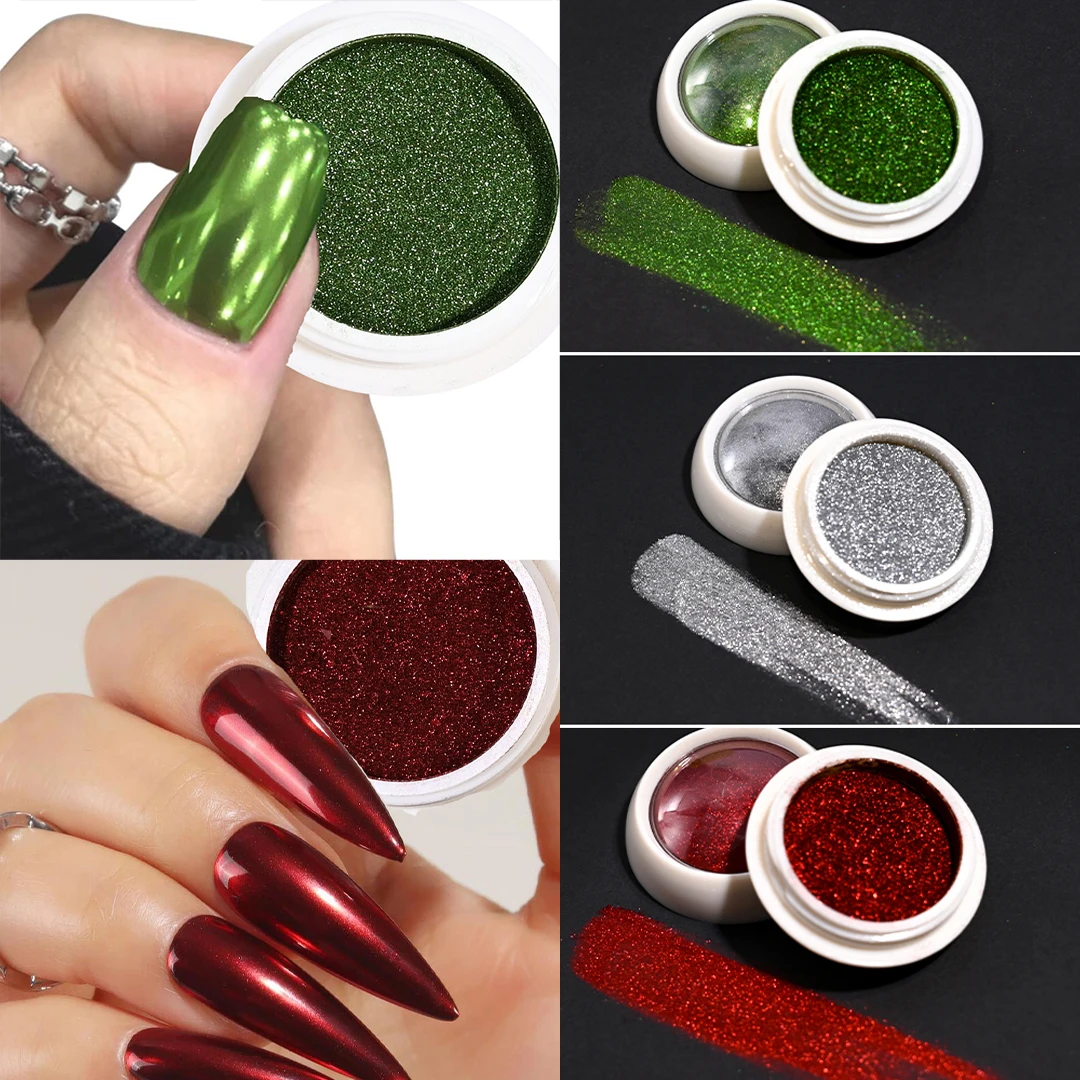 6pcs/set Green Red Gold Christmas Mirror Chrome Nails Powder Ultra Fine Mirror Reflective Glitter Nail Decorations Pigment Dust