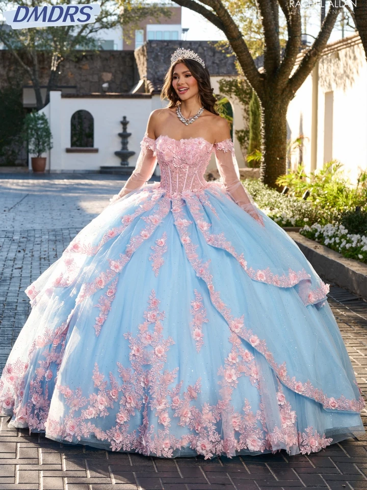 pink and blue quinceanera dresses Blush Pink & Blue Off-Shoulder Quinceaera Ball Gown with 3D Floral Embroidery