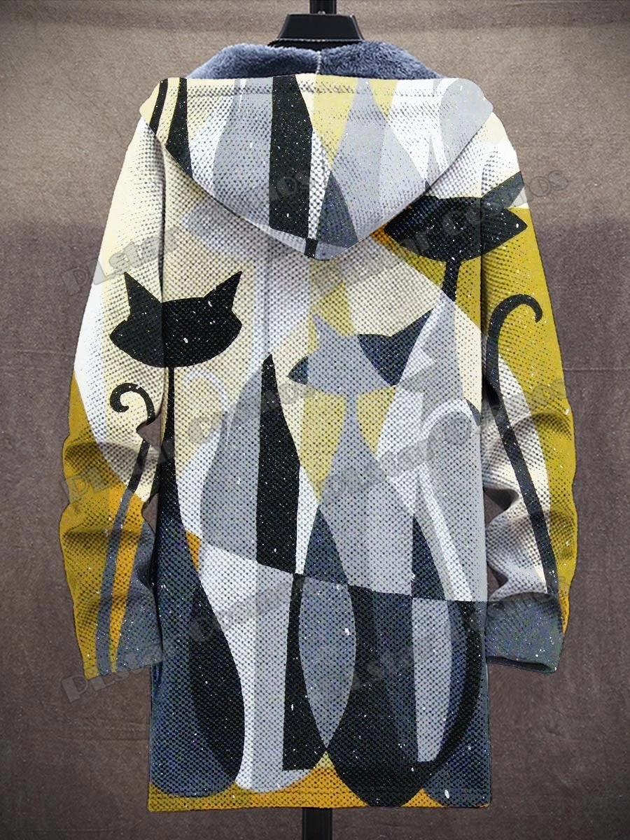 Black Cat Gradient Art Pattern 3D All Over Printed Men's Fashion Plush Thick Hooded Coat Winter Casual Warm zipper jacket CM23