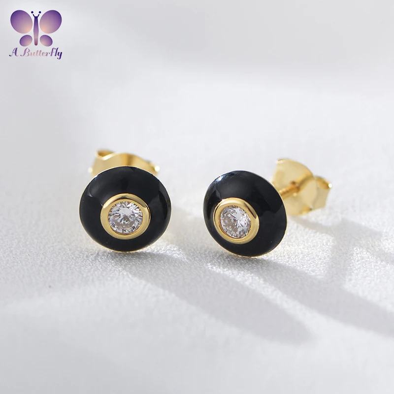 AButterfly 925 Sterling Silver High Quality Simulation Diamond Black Baking Finish Round Women's Earrings Premium Jewelry