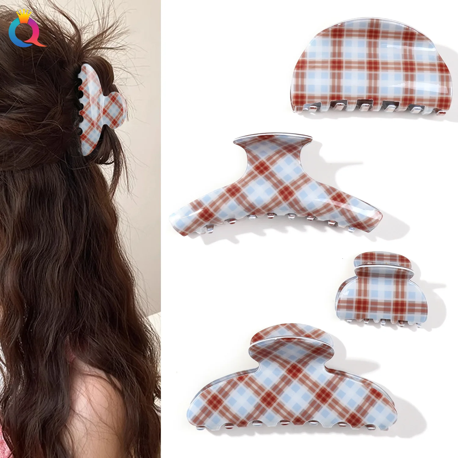 

1 шт. акриловая заколка-краб в клетку сине-коричневого цвета, минималистичная, для высокого хвоста, для женщин, для объема на затылке, оптом