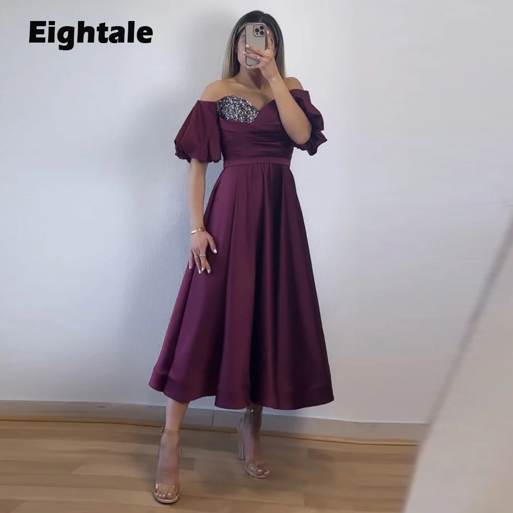 

Eightale Dark Burgundy Short Prom Dresses Sweetheart Evening Gown Beaded Satin Mid Length Party Dress vestidos para graduación