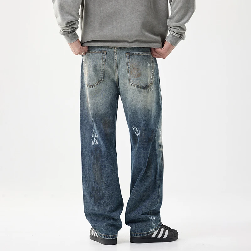 Jeans rétro coréens pour hommes, pantalons droits décontractés, pantalons amples personnalisés, peinture à l'encre, streetwear d'automne, nouveau, 2024