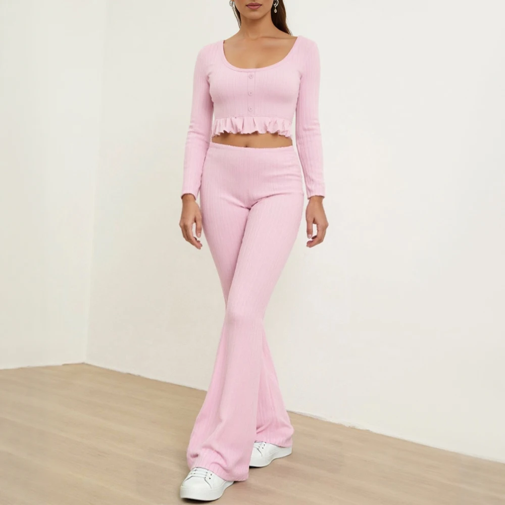 

Mia Muse Boutique Women's Sets Autumn Winter Skinny Fit Plain Button Flounce Long Sleeve Crew Neck Full Length Pants Sets