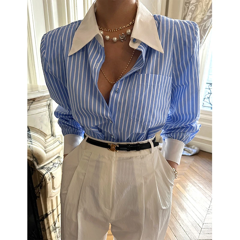 Elegant Striped Shirts Women Streetwear Patchwork Long Sleeve Blouses Ladies Korean Fashion Single Breasted Loose Causal Tops