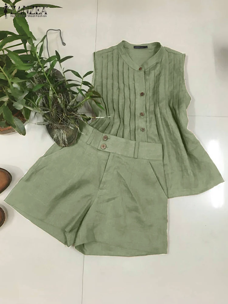 

Casual Short Sets Women Vintage Solid Tops Loose Short Pants 2025 ZANZEA OL Office Outfits Fashion Summer Matching Sets Oversize