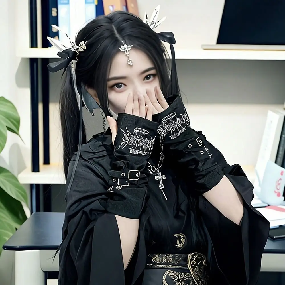 Fashion Metal Buckle Arm Sleeves Dark Punk Japanese Sunscreen Gloves Embroidery Y2K Decorative Gloves Women