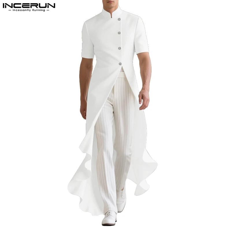 INCERUN Men Shirt Solid Stand Collar Short Sleeve Irregular Long Style Shirts Men Streetwear Summer Ruffle Fashion Men Clothing