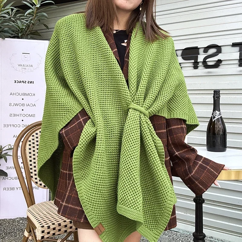 8 Colors Autumn Wrap Women Criss-Cross Out Streetwear Cloak Knitted Shawl Overcoat Warm Faux Cashmere Loose Poncho Cappa