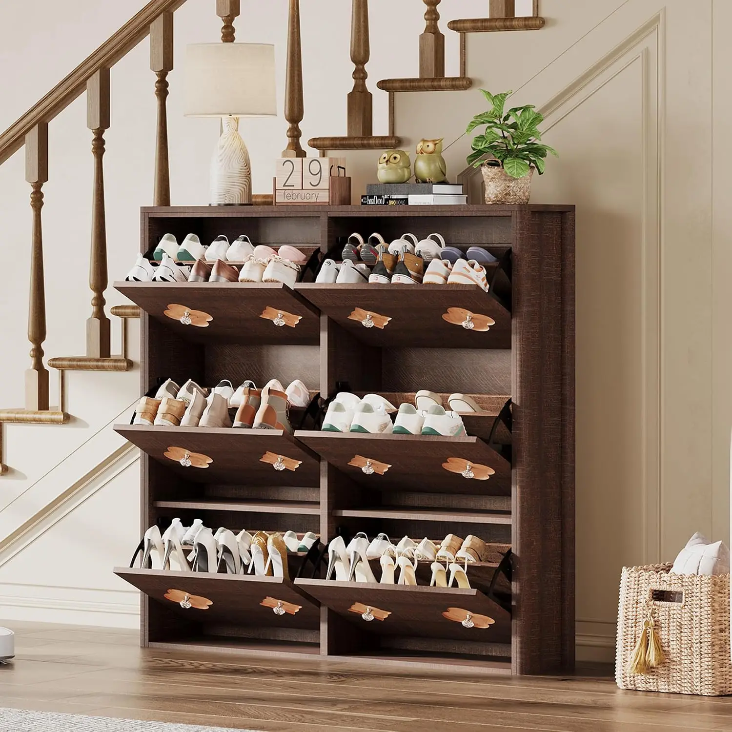 Slim Wood Shoe Cabinet with 6 Flip Drawers & Floral Pattern, Freestanding Storage with Adjustable Shelves , Brown, Customized