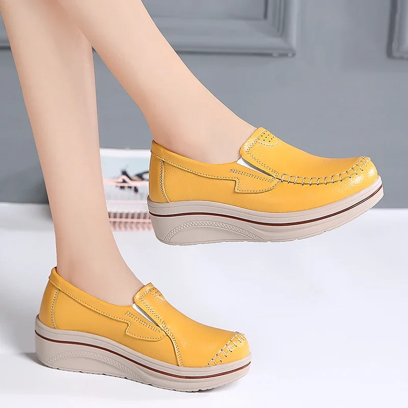 Genuine Leather Thick Bottom Casual Sneakers Women Height Increase Waterproof Loafers Ladies Slip-on Moccasins Flatform Wedges