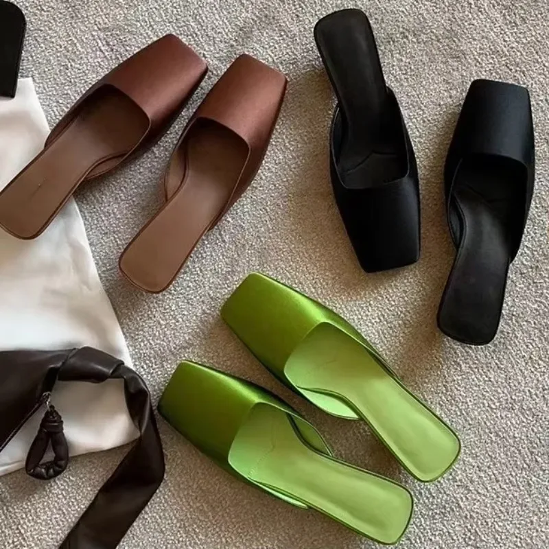 Luxury Satin Sandals Women Summer Sexy Square Head Strange Low Heel Slide Sandals Chunky Heel Elegant Design Mule Slippers Women