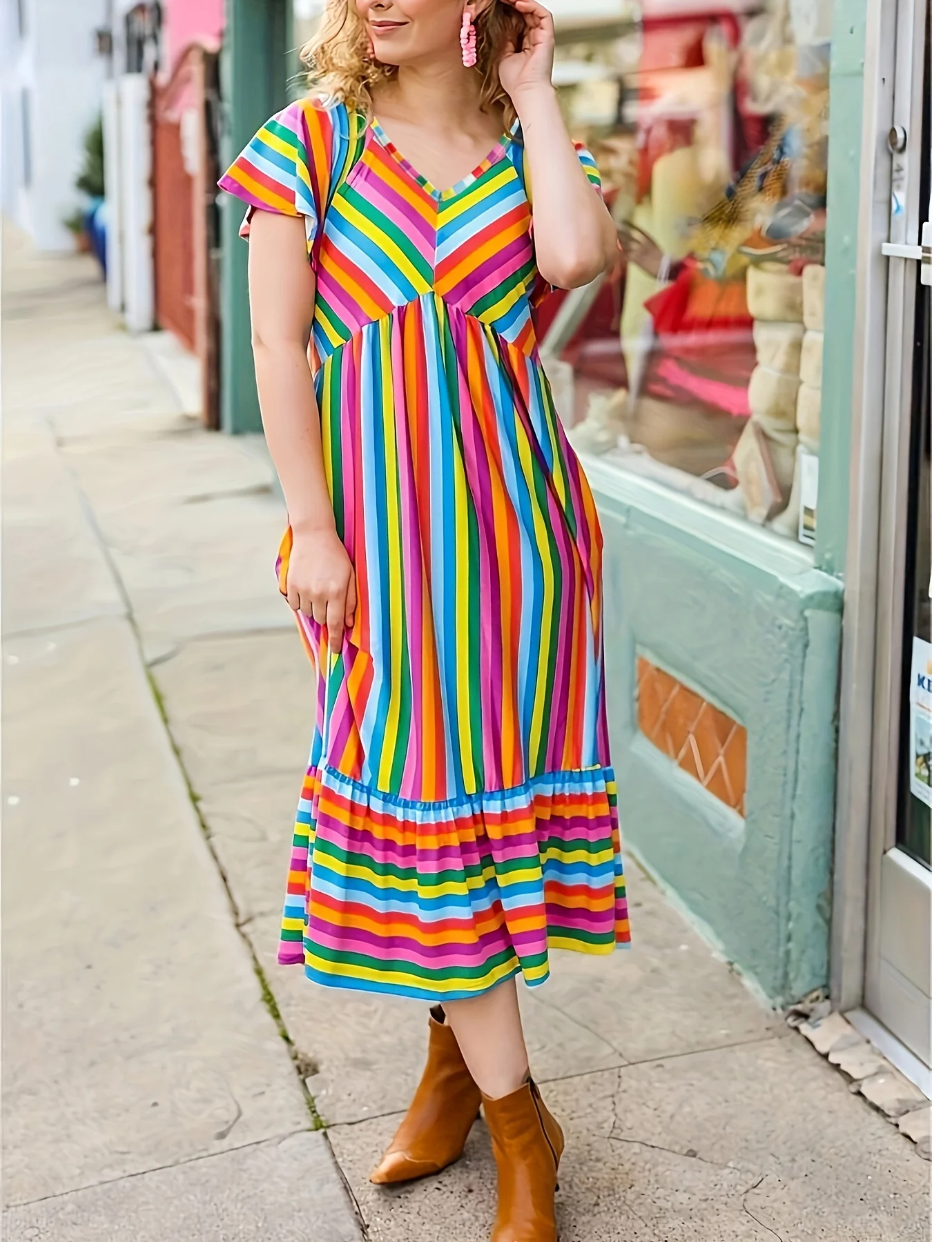 Plus Size1XL-5XL V-neck Rainbow Print Dress Loose Lotus Sleeve A-line Skirt Milk Silk Fabric Elastyczna Wygodna Oddychająca Piłka