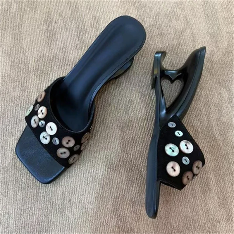 

Eilyken Designer Button Hollow Strange Heels Women Slippers Fashion Square Toe Shoes Summer Slide Zapatos De Mujer