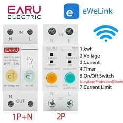 eWeLink 1P+N 2P WIFI Circuit Breaker Energy Meter kWh Timer Switch Relay Voltmeter Current Leakage Protection RCCB RCBO Limitter