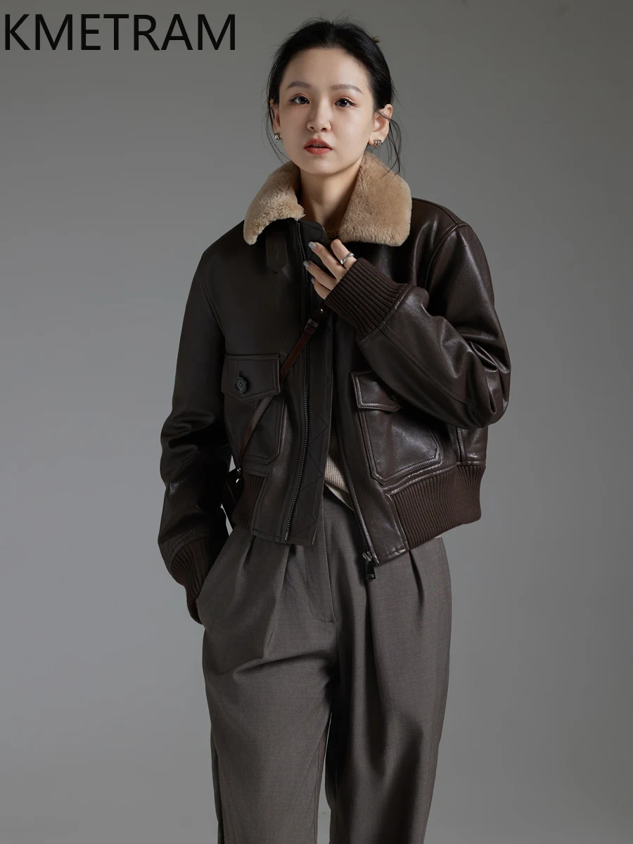 KMETRAM Natürliche Schaffell-Echtlederjacke für Damen mit Merino-Schaffell-Wollkragen, kurzer Baumwollmantel, 2025, Winterojuто
