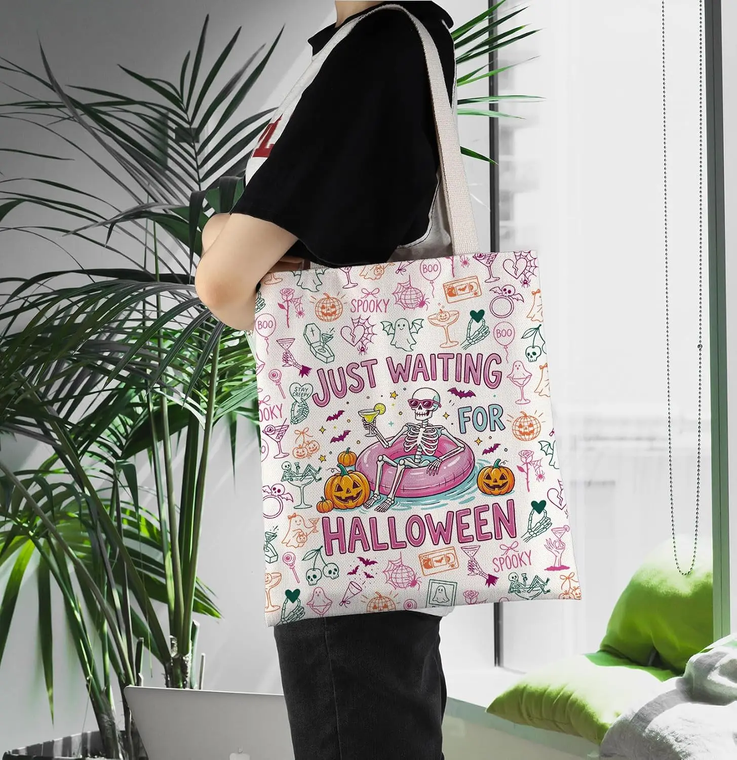 Just Waiting For Halloween Skeleton Cocktail Pumpkin Ghost Canvas Tote Bag Cute Spooky Print Large Reusable Shoulder Handbag