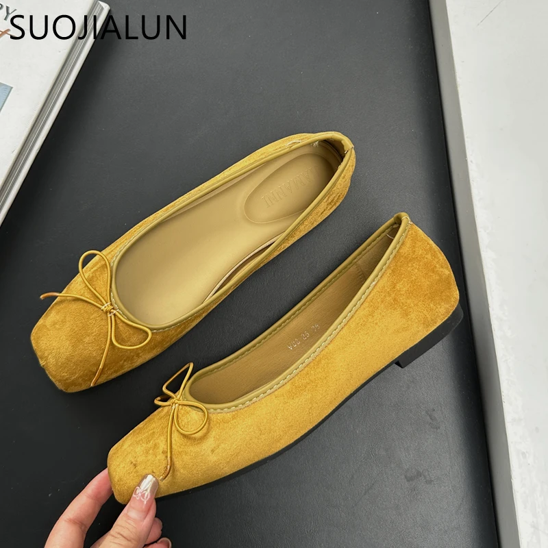 SUOJIALUN 2024 Autumn Women Flat Shoes Fashion Round Toe Shallow Slip On Ballerinas Shoes Soft Flat Heel Ladies Dress Boat Shoes