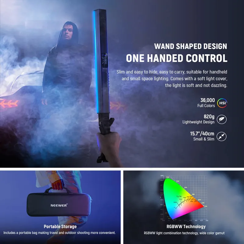 

Светодиодная трубка NEEWER RGB2 с металлической перекладиной, 296 светодиодов, 1860 люкс/0,5 м, 2500–10000 К CRI98+, приложение/2,4G управление