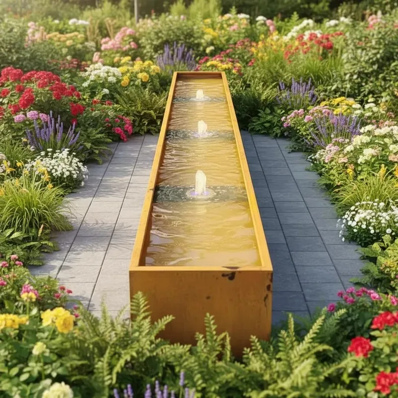 Modern Rectangular Steel Fountain with LED Lights for Outdoor Garden Home Decor Water Features
