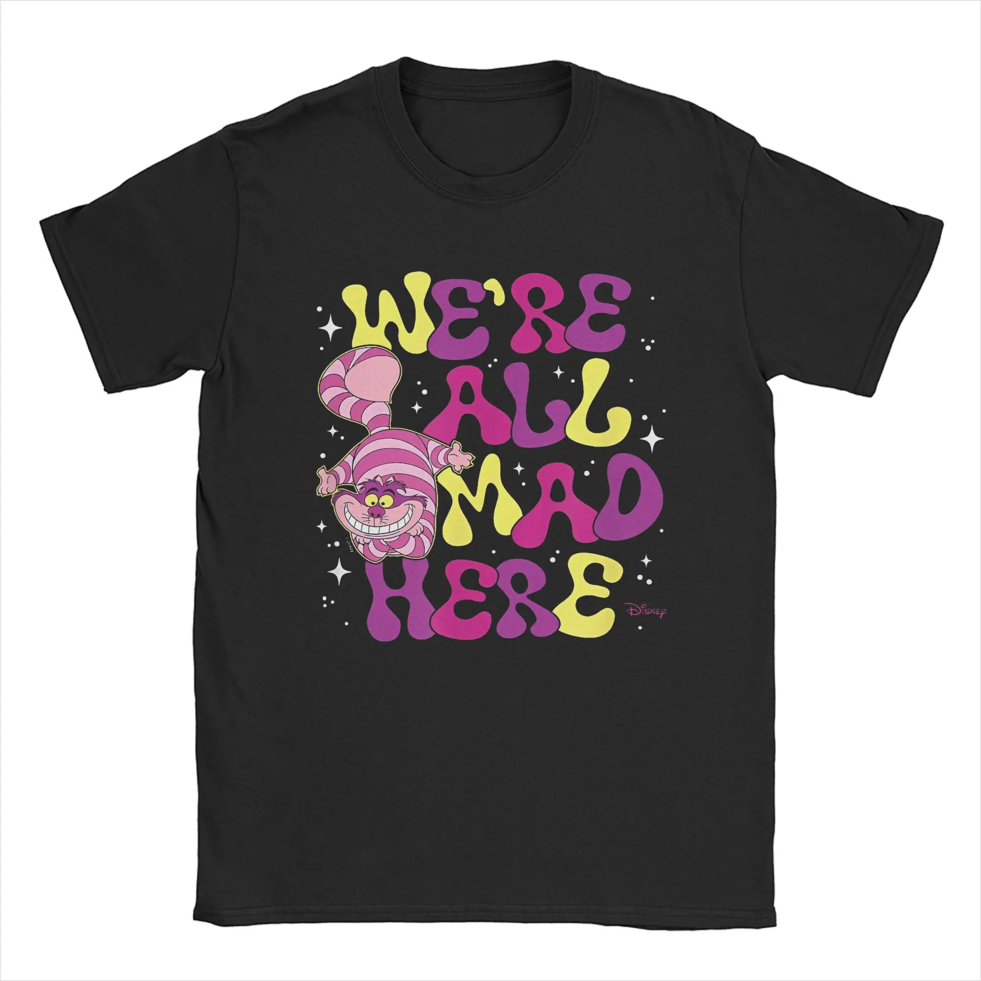 Novelty Alice in Wonderland Cheshire Cat T-Shirt Men Crewneck Pure Cotton T Shirt We're All Mad Here Short Sleeve Tee Clothes