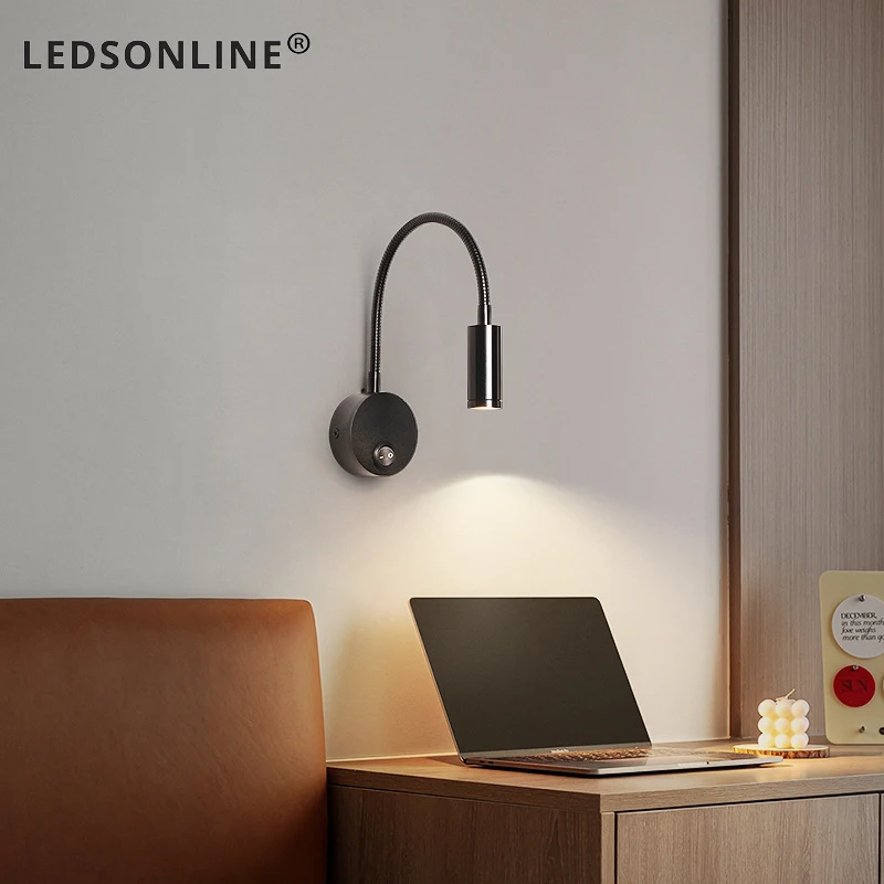 Wall Mounted Bedside Readling Lamp Spot Light Nordic Modern Indoor Adjustable Neck Aluminum Black Silver White Finish LED 3W