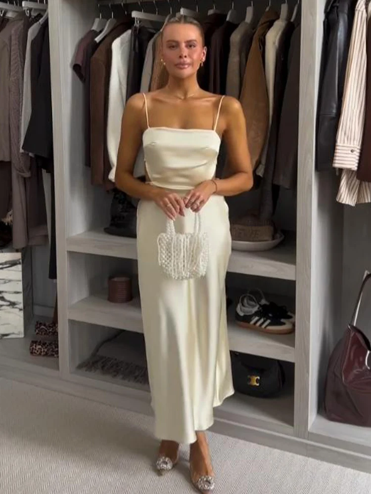 Damska letnia sukienka bez rękawów z satynowej tkaniny, nowa kolekcja, z bocznym zamkiem, odkrytymi plecami, sznurowana, na ramiączkach.