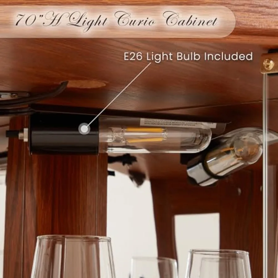 Corner curio cabinet for living room liquor storage: lighted glass display cage, 70 H, tempered glass doors, adjustable shelves view 6