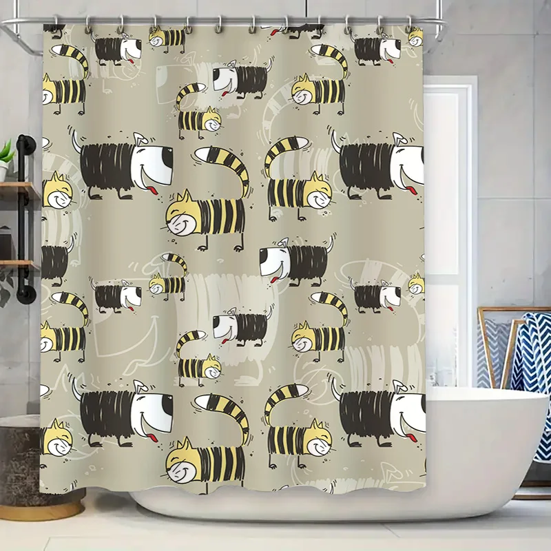 

Очаровательная занавеска для душа с мультяшным животным принтом для украшения дома, черно-белые полоски для собак, водонепроницаемый тканевый материал, Si