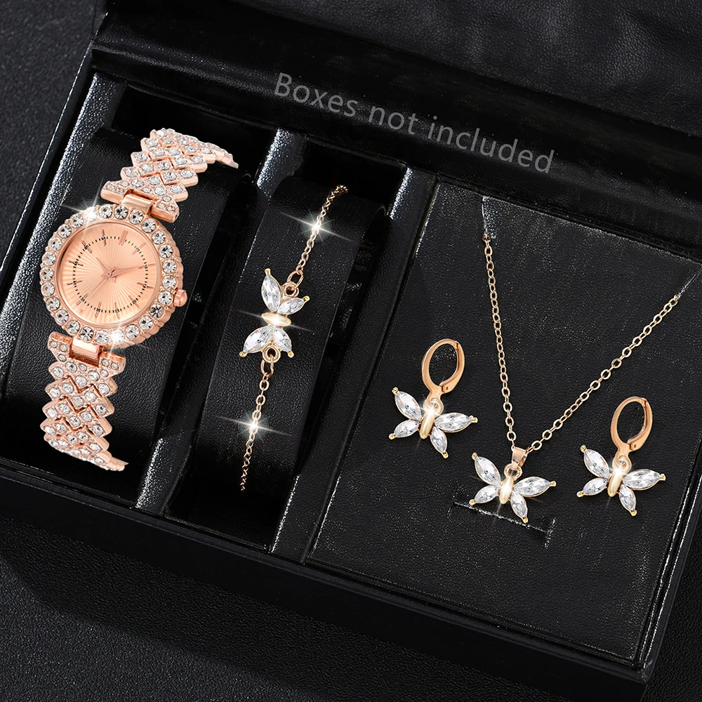 5PCS Set Women Luxury Casual Fashion Quartz Watch Necklace Earring Bracelet Ring Wristwatches Dress Clock Set Montre Femme