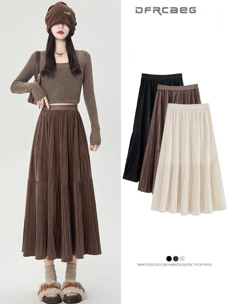 القهوة الخريف الشتاء طيات عادية القطيفة ميدي تنورة للنساء فضفاضة الخصر مكتب OL ألف خط المخملية التنانير الطويلة سيدة