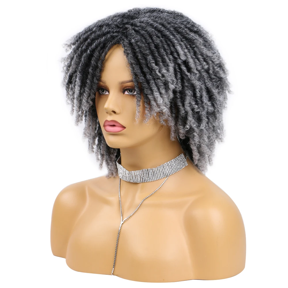 

Synthetic Dreadlocks Hair Wig 6Inch Glueless Black Grey Ombre Afro Kinky Curly Wigs Natural Soft Locs Replacement Wig For Women