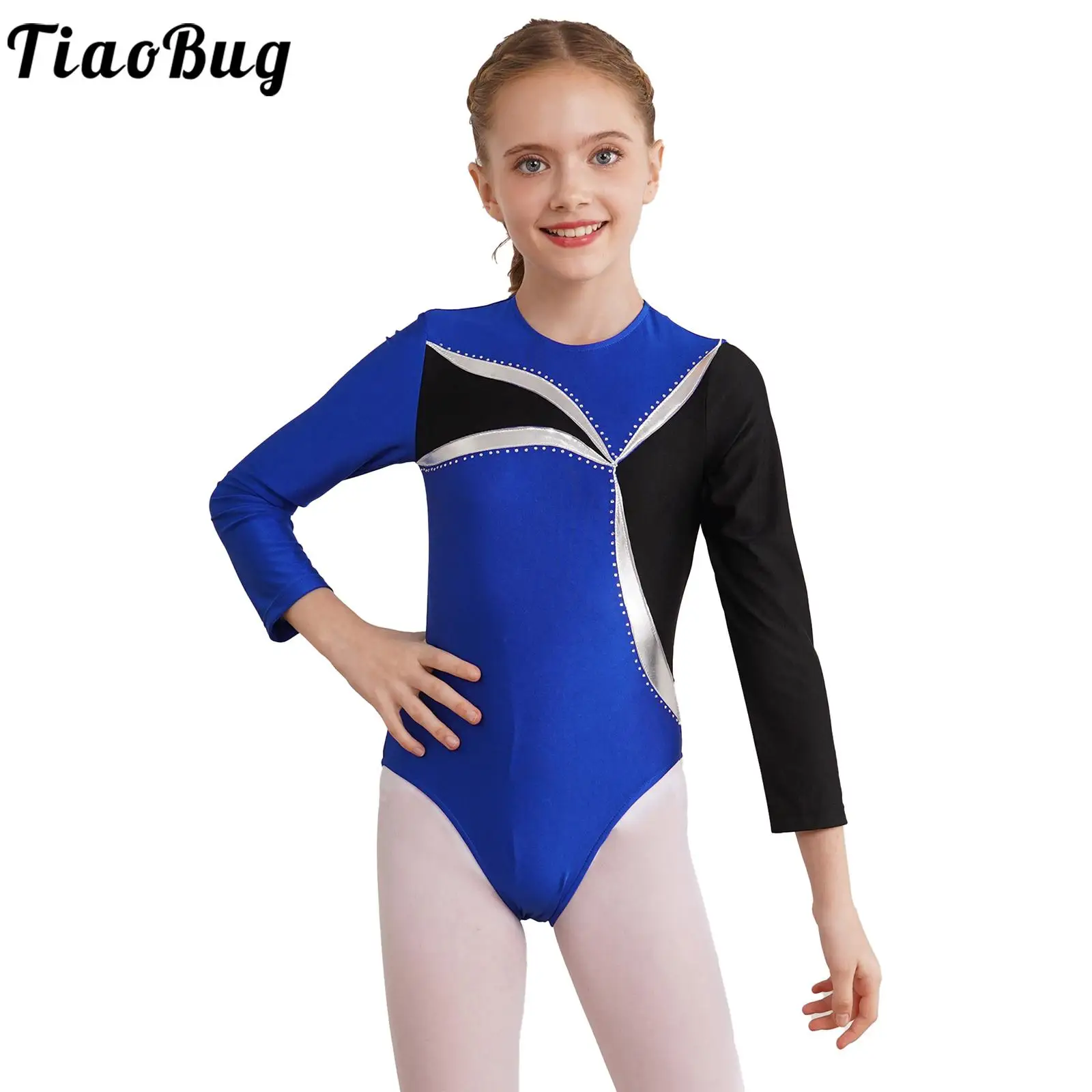 Kids Girls Color Block Ballet Dance Gymnastic Leotard Shiny Rhinestone Long Sleeve Acrobatics Figure Skating Performance Costume