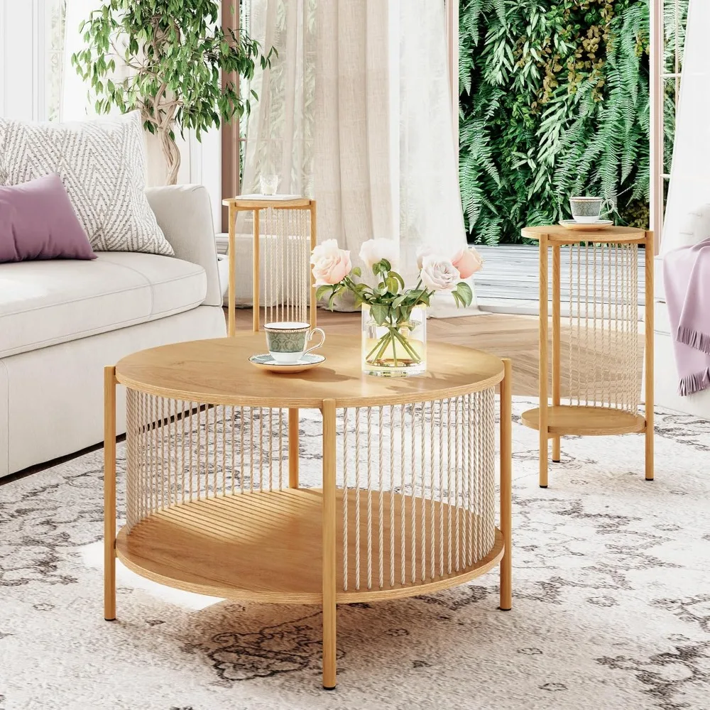 

Natural fiber rope coffee table set of 3, round wooden rattan coffee table and two end tables, boho 2-tier modern side table