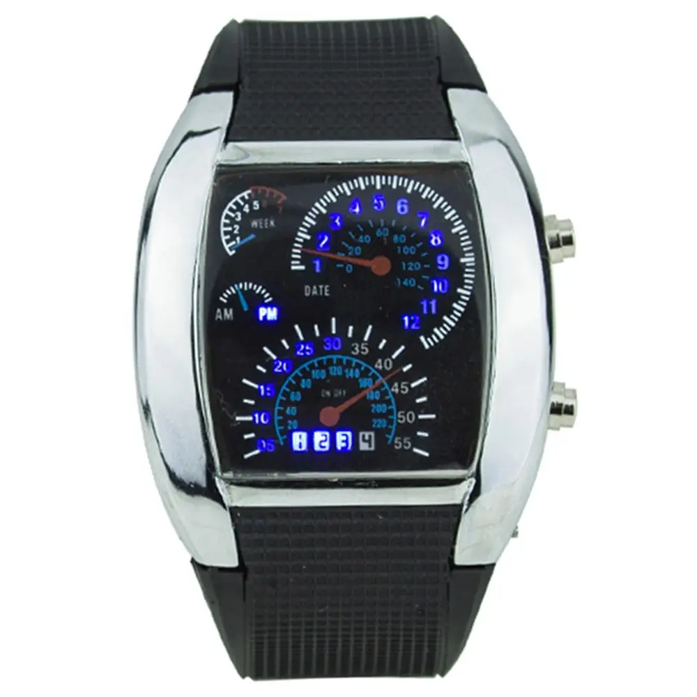 Men's Women's Sport LED Dashboard Pattern Dial Digital Wrist Watch Cool Unisex Black Flash Dot Racing Watch Sports Clock