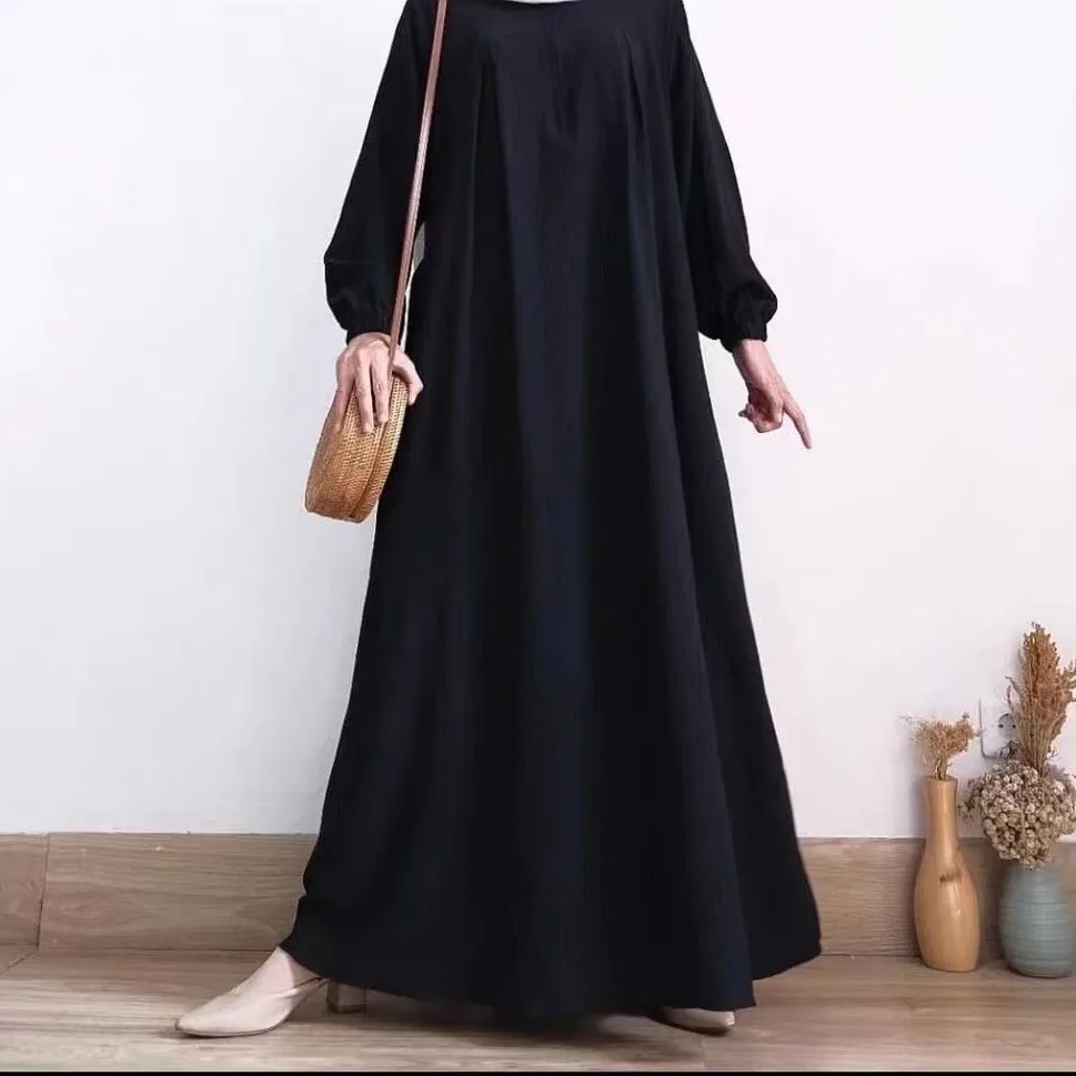New Arrival Middle Eastern Muslim Women's Solid Color Puffed Sleeve Abaya - Round Neck, Front Placket Zipper, Elastic Cuffs