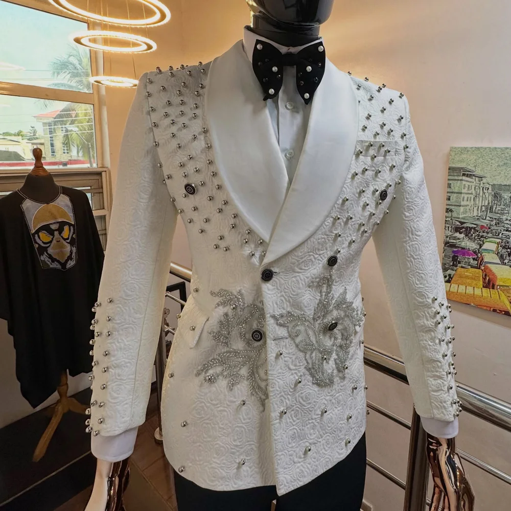 Luxury Crystal White Single Breasted Suit Men Shawl Lapel One Pcs Formal Party Blazer Tuxedos Customized