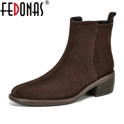 FEDONAS Retro Women Suede Leather Ankle Boots Thick High Heels Warm Short Shoes Woman Basic Office Pumps Elegant Round ToeBoots