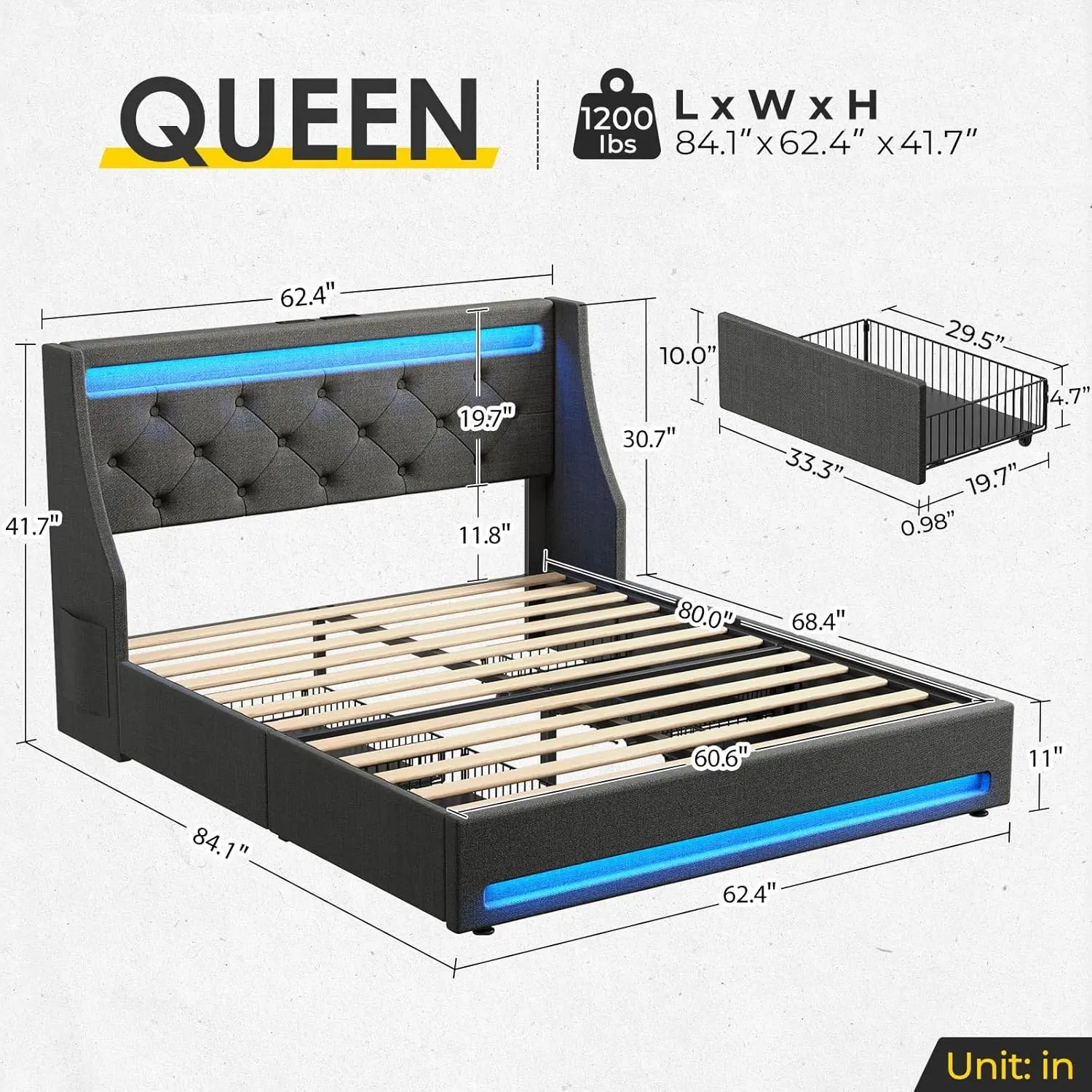 Queen Bed Frame with LED Lights and Charging Station, Upholstered Bed with Drawers, Wooden Slats, Noise Free, Easy Ass