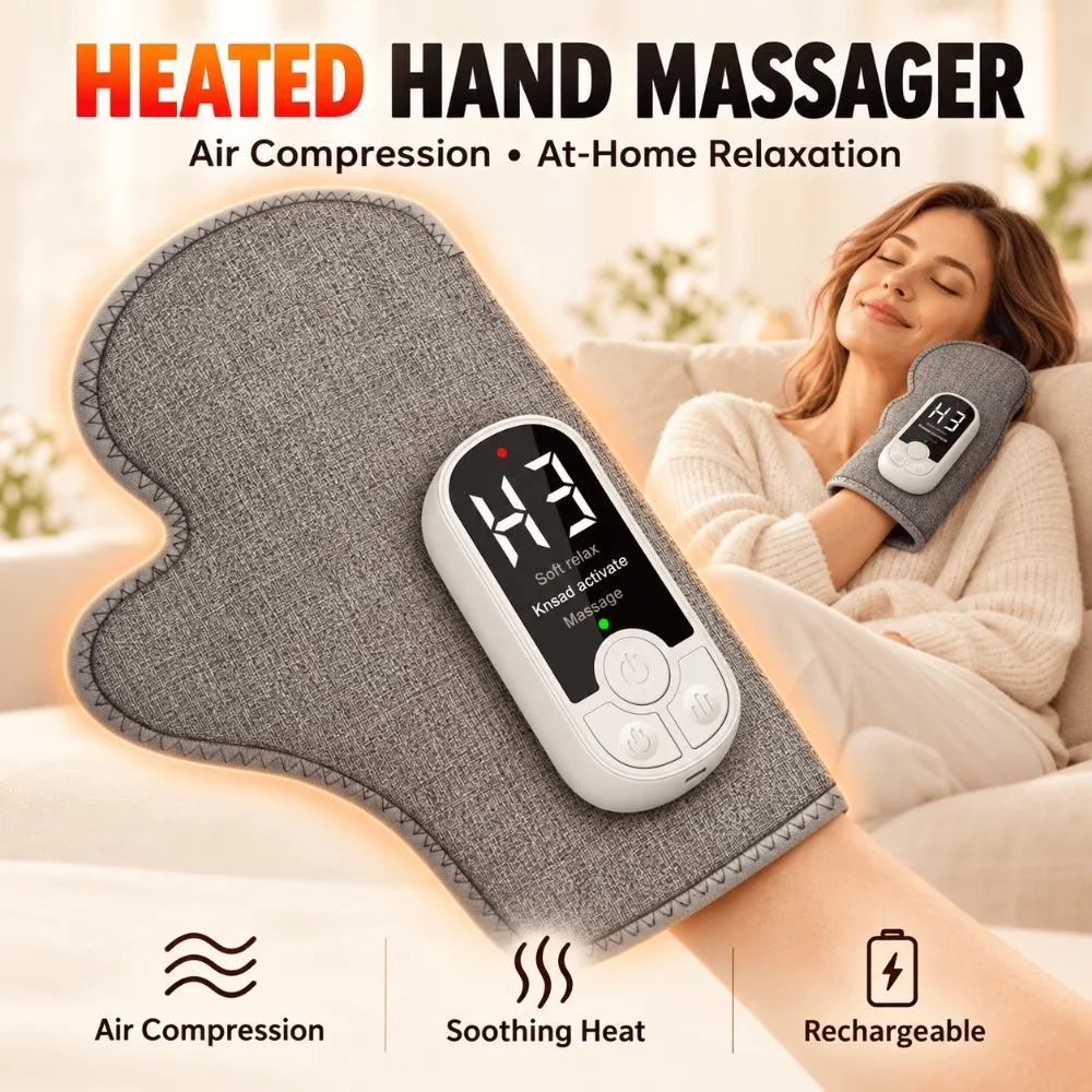 Hand Massager with Heat and Compression, Cordless Rechargeable Massage Glove, Adjustable Intensity for Home and Office Massage