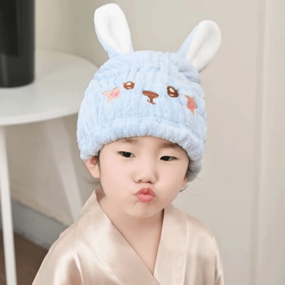 Thickened Children's Dry Hair Cap Creative Absorbent Elastic Round Cap Rabbit Head Design Cartoon Hair Drying Towel Home Use