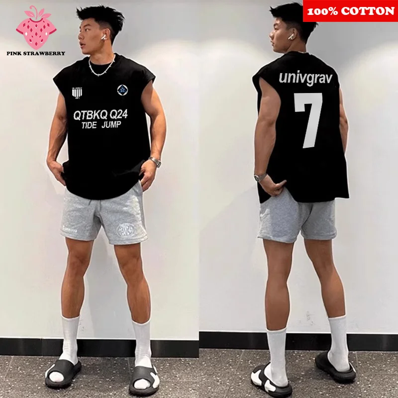 

Men's Black Sports sleeveless Vest T-shirt Summer 2025New American Letter Print Casual Swim Run Shirt Vest Quick Dry Y2k Top Men