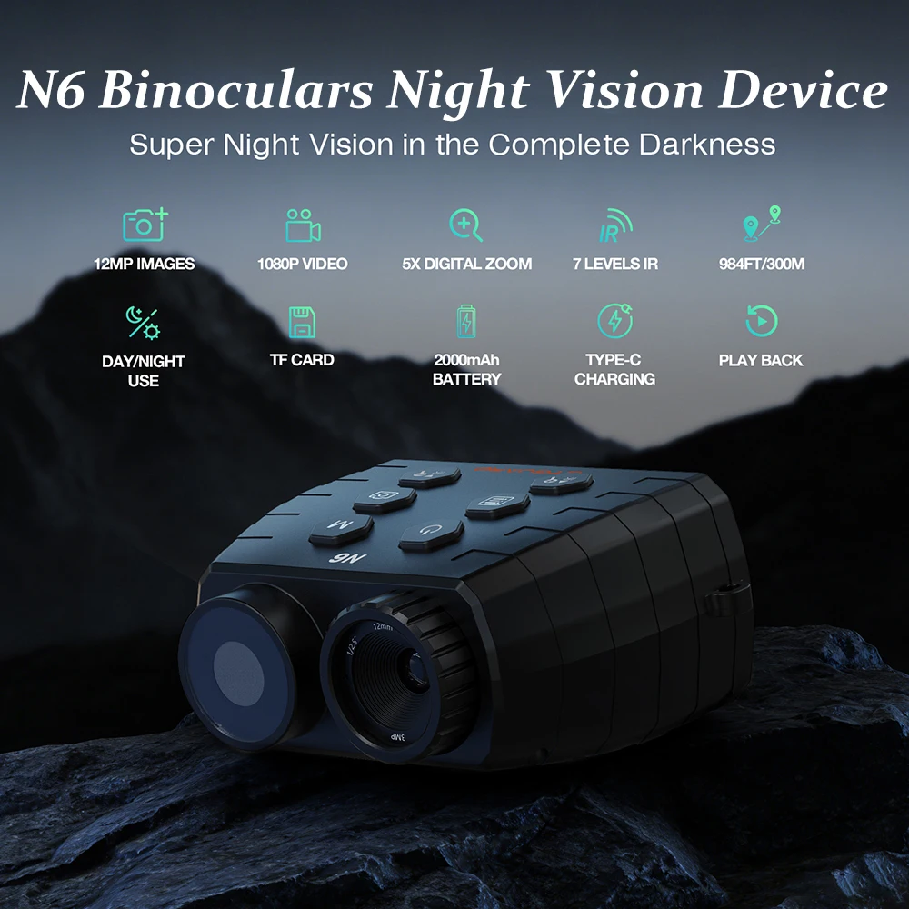 GTGUARD N6 Binoculars Night Vision 1080P FHD Video & Photo Capture 3W 850nm infrared LED 5X Digital Zoom Supports fixed brackets