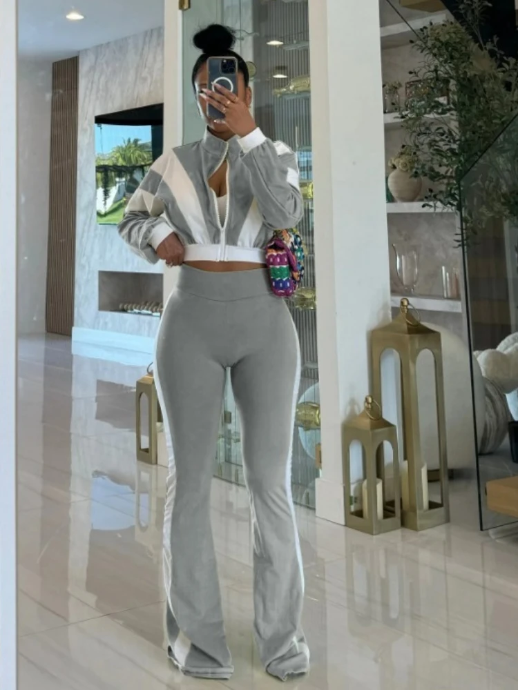 Leosoxs 2025 Autunno Donna Set da 2 pezzi Giacca corta con zip a maniche lunghe patchwork casual e pantaloni svasati Tute abbinate