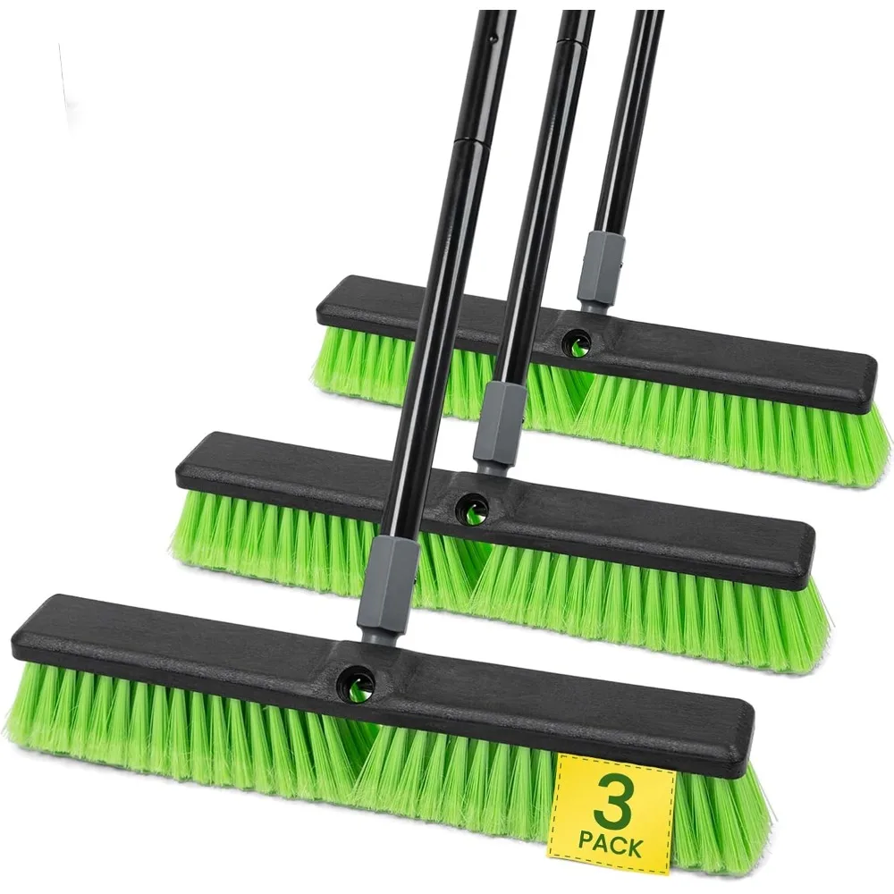 

3 Pack 18" Heavy Duty Outdoor Push Broom 59.5" Long Handle Soft Bristles for Garage, Deck, Concrete, Tile, Wood & Stone Floors
