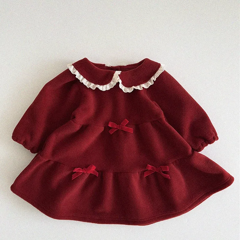 Dress Korean Autumn and Winter New Fashionable Sweet Butterfly-knot Lace Cute Lapel Princess Dress Kids Clothes Girls