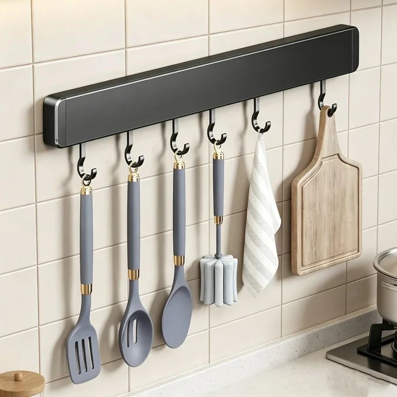 Wandmontiertes Küchenregal, nicht perforiertes Regal, beweglicher Haken, Utensilienhalter, Löffel-Organizer für den Haushaltsküchengebrauch.