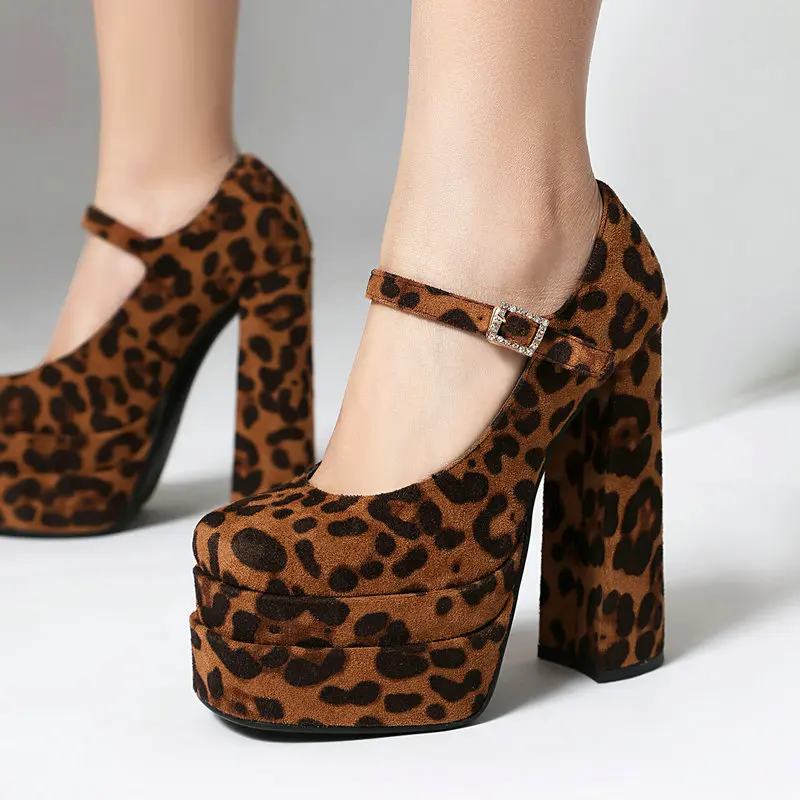 

Большой размер 43, круглые закрытые коричневые леопардовые сексуальные женские туфли-лодочки с принтом гепарда, туфли Мэри Джейн на платформе с пряжкой и ремешком на блочном каблуке