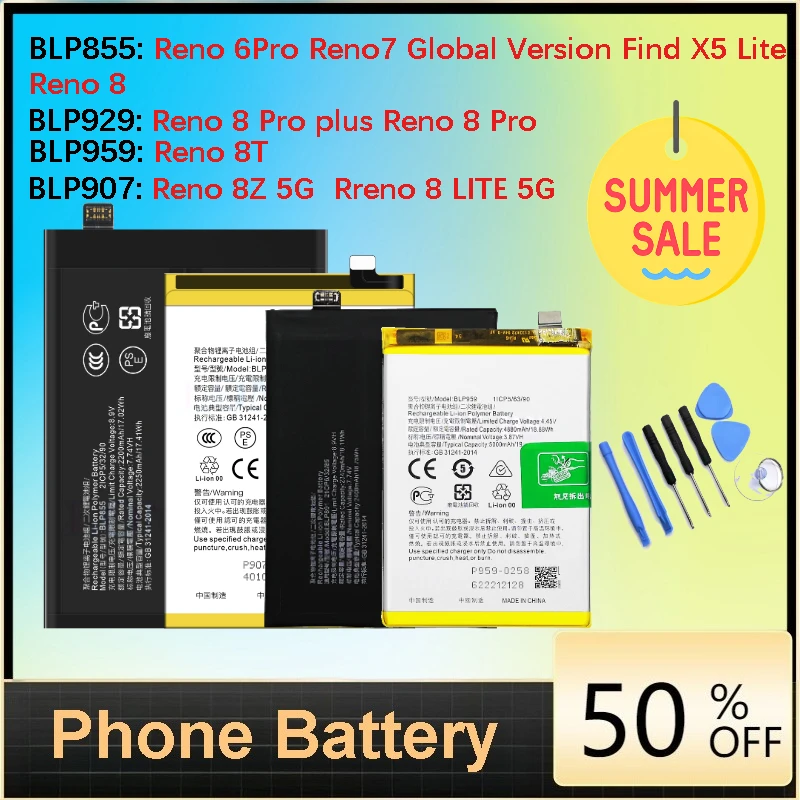

Replacement Battery BLP855 BLP907 BLP929 BLP959 BLP981 for OPPO Reno 6Pro 8 5G 8Pro 8T 8Z 8 Lite